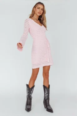 Wander Lust Long Sleeve Crochet Mini Dress Blush -Cheap Dress Store SR0092D03 20BLUSH 2