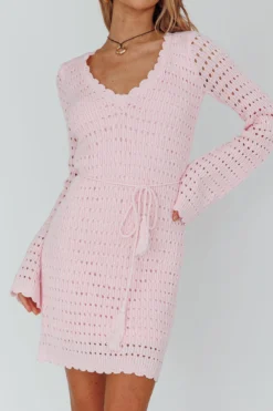 Wander Lust Long Sleeve Crochet Mini Dress Blush -Cheap Dress Store SR0092D03 20BLUSH 4