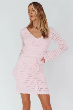 Wander Lust Long Sleeve Crochet Mini Dress Blush -Cheap Dress Store SR0092D03 20BLUSH 6