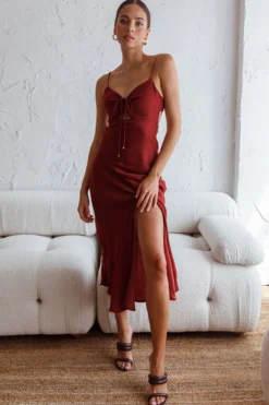 Fondest Memories Ruched Drawstring Bust Lace-Up Back Midi Dress Brown -Cheap Dress Store SR0110D BROWN 2