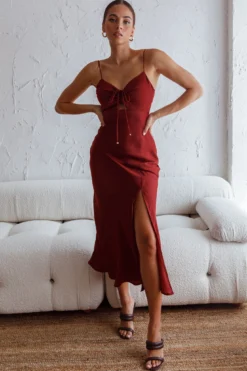 Fondest Memories Ruched Drawstring Bust Lace-Up Back Midi Dress Brown -Cheap Dress Store SR0110D BROWN 5