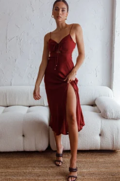 Fondest Memories Ruched Drawstring Bust Lace-Up Back Midi Dress Brown -Cheap Dress Store SR0110D BROWN 7