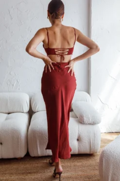 Fondest Memories Ruched Drawstring Bust Lace-Up Back Midi Dress Brown -Cheap Dress Store SR0110D BROWN 8