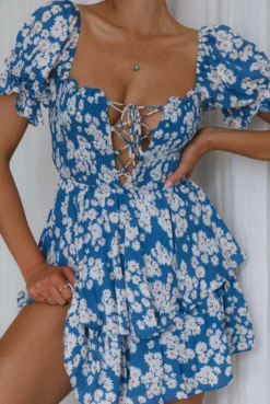 Buongiorno Bella Shirred Lace Up Mini Dress Floral Blue 9 Buongiorno Bella Shirred Lace Up Mini Dress Floral Blue -Cheap Dress Store SR0226J 20BLUE 4