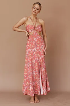 Amorcito Cut-Out Waist Midi Dress Floral Red -Cheap Dress Store SR0303B01 20RED 5