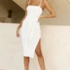 Aureta Waist Tie Side Split Midi Dress White