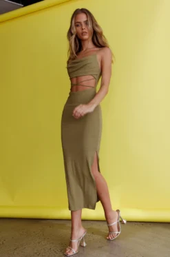 Crazy In Love Cowl Neck Cut-Out Waist Midi Dress Olive