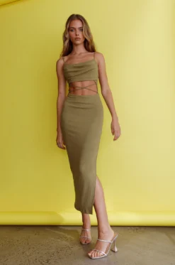 Crazy In Love Cowl Neck Cut-Out Waist Midi Dress Olive -Cheap Dress Store SR0387D 20OLIVE 2