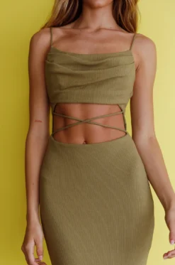 Crazy In Love Cowl Neck Cut-Out Waist Midi Dress Olive -Cheap Dress Store SR0387D 20OLIVE 4