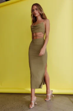 Crazy In Love Cowl Neck Cut-Out Waist Midi Dress Olive -Cheap Dress Store SR0387D 20OLIVE 7