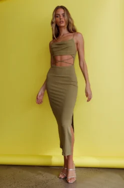 Crazy In Love Cowl Neck Cut-Out Waist Midi Dress Olive -Cheap Dress Store SR0387D 20OLIVE 8
