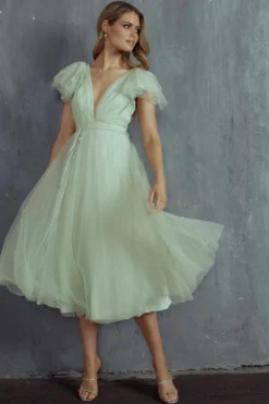 Leap Of Faith Frill Shoulder Tulle Midi Dress Pistachio -Cheap Dress Store SR0402B 20PISTACHIO 4