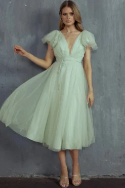 Leap Of Faith Frill Shoulder Tulle Midi Dress Pistachio -Cheap Dress Store SR0402B 20PISTACHIO 5