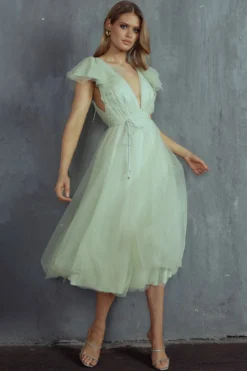 Leap Of Faith Frill Shoulder Tulle Midi Dress Pistachio -Cheap Dress Store SR0402B 20PISTACHIO 8