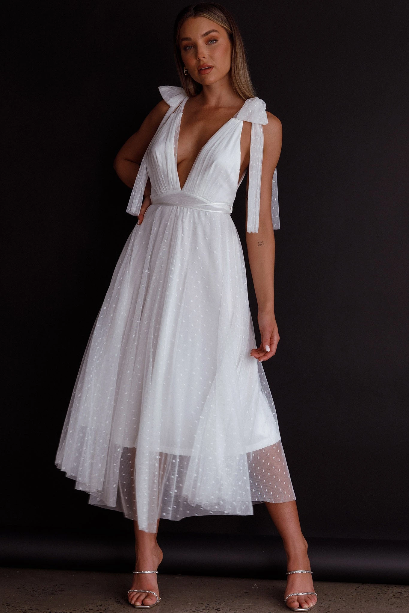 Kathryn Tied Shoulder Mesh Midi Dress White 3 Kathryn Tied Shoulder Mesh Midi Dress White - Image 3