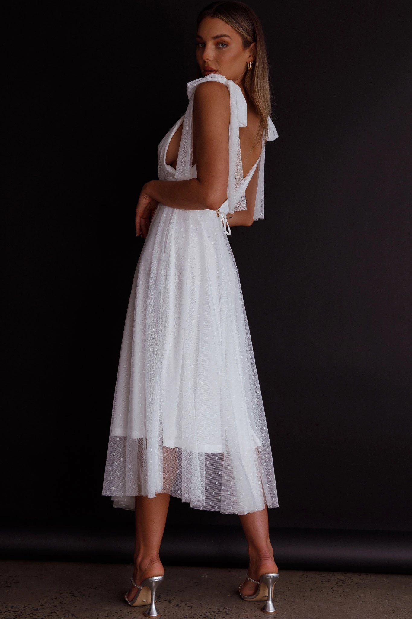 Kathryn Tied Shoulder Mesh Midi Dress White 2 Kathryn Tied Shoulder Mesh Midi Dress White - Image 2
