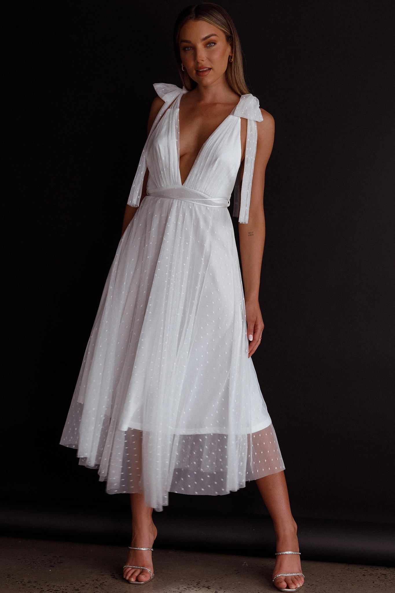 Kathryn Tied Shoulder Mesh Midi Dress White 5 Kathryn Tied Shoulder Mesh Midi Dress White - Image 5