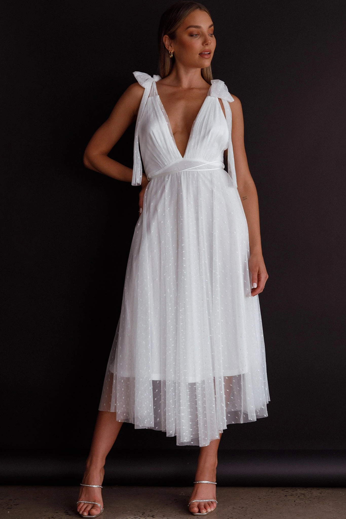 Kathryn Tied Shoulder Mesh Midi Dress White 7 Kathryn Tied Shoulder Mesh Midi Dress White - Image 7