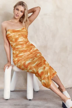 Logan Strapless Ruched Midi Dress Orange -Cheap Dress Store SR0655J01 20ORANGE 4