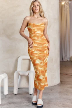 Logan Strapless Ruched Midi Dress Orange -Cheap Dress Store SR0655J01 20ORANGE 5