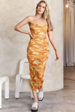 Logan Strapless Ruched Midi Dress Orange -Cheap Dress Store SR0655J01 20ORANGE 6