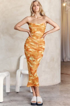 Logan Strapless Ruched Midi Dress Orange -Cheap Dress Store SR0655J01 20ORANGE 7