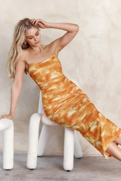 Logan Strapless Ruched Midi Dress Orange -Cheap Dress Store SR0655J01 20ORANGE 8