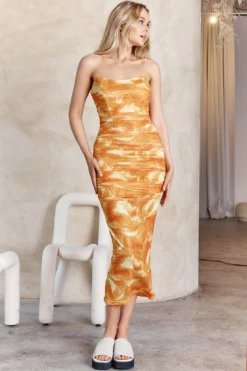 Logan Strapless Ruched Midi Dress Orange -Cheap Dress Store SR0655J01 20ORANGE 9