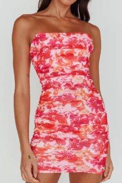 Logan Strapless Ruched Dress Floral Pink/Orange -Cheap Dress Store SR0655J04 20PINK ORANGE 4