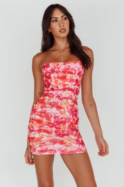 Logan Strapless Ruched Dress Floral Pink/Orange -Cheap Dress Store SR0655J04 20PINK ORANGE 5