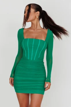 Dream Catcher Long Sleeve Ruched Mini Dress Green -Cheap Dress Store SR0702H 20GREEN 6