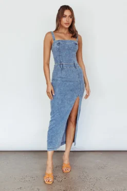 Onyx Thigh Split Midi Dress Denim -Cheap Dress Store SR0845J 20DENIM 2