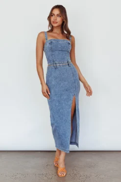 Onyx Thigh Split Midi Dress Denim -Cheap Dress Store SR0845J 20DENIM 8