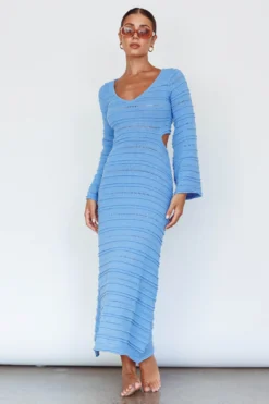 Meredith Long Sleeve Cut-Out Maxi Dress Blue -Cheap Dress Store SR0856J 20BLUE 8