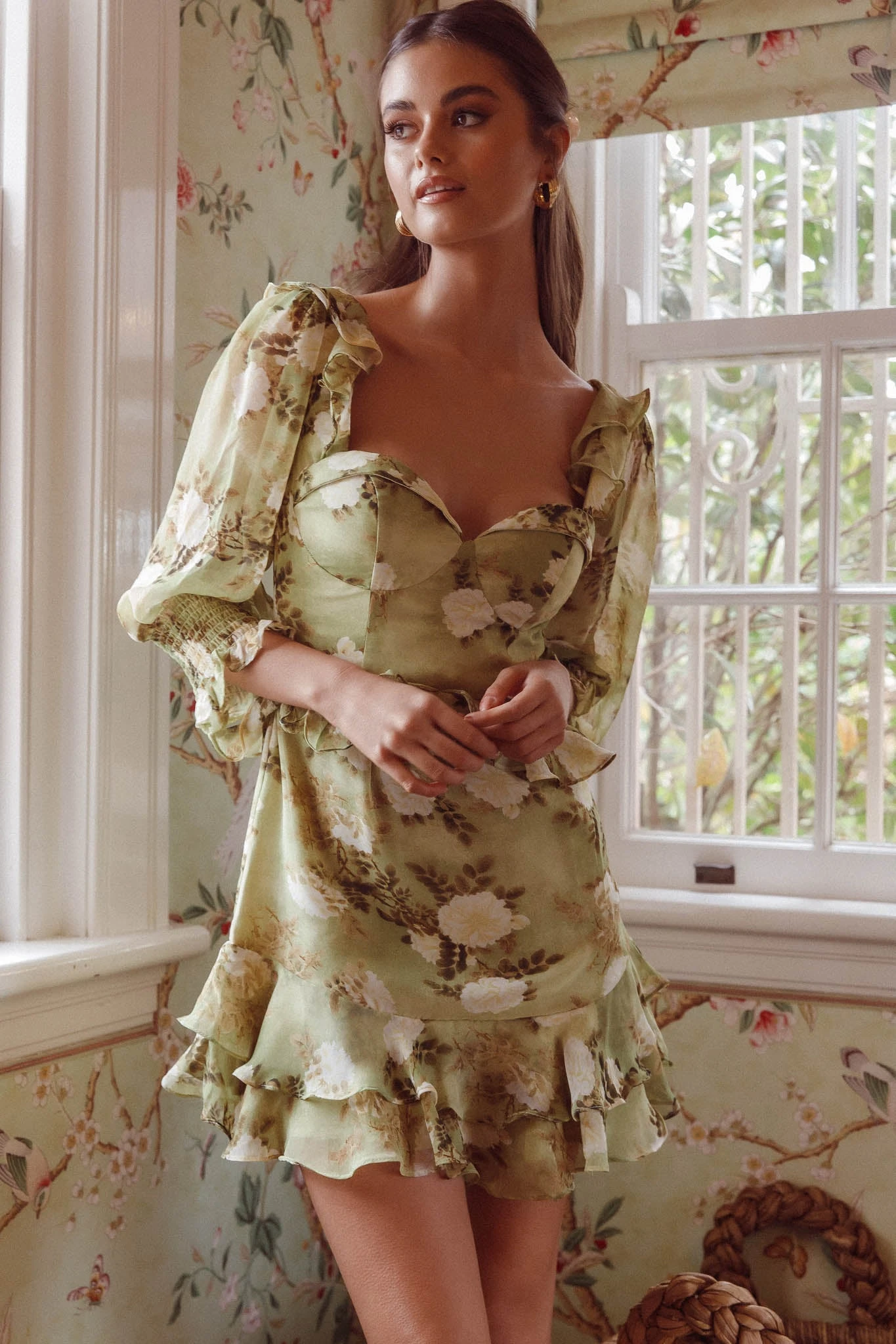 Desiree 3/4 Sleeve Sweetheart Neckline Frill Dress Floral Green 3 Desiree 3/4 Sleeve Sweetheart Neckline Frill Dress Floral Green - Image 3