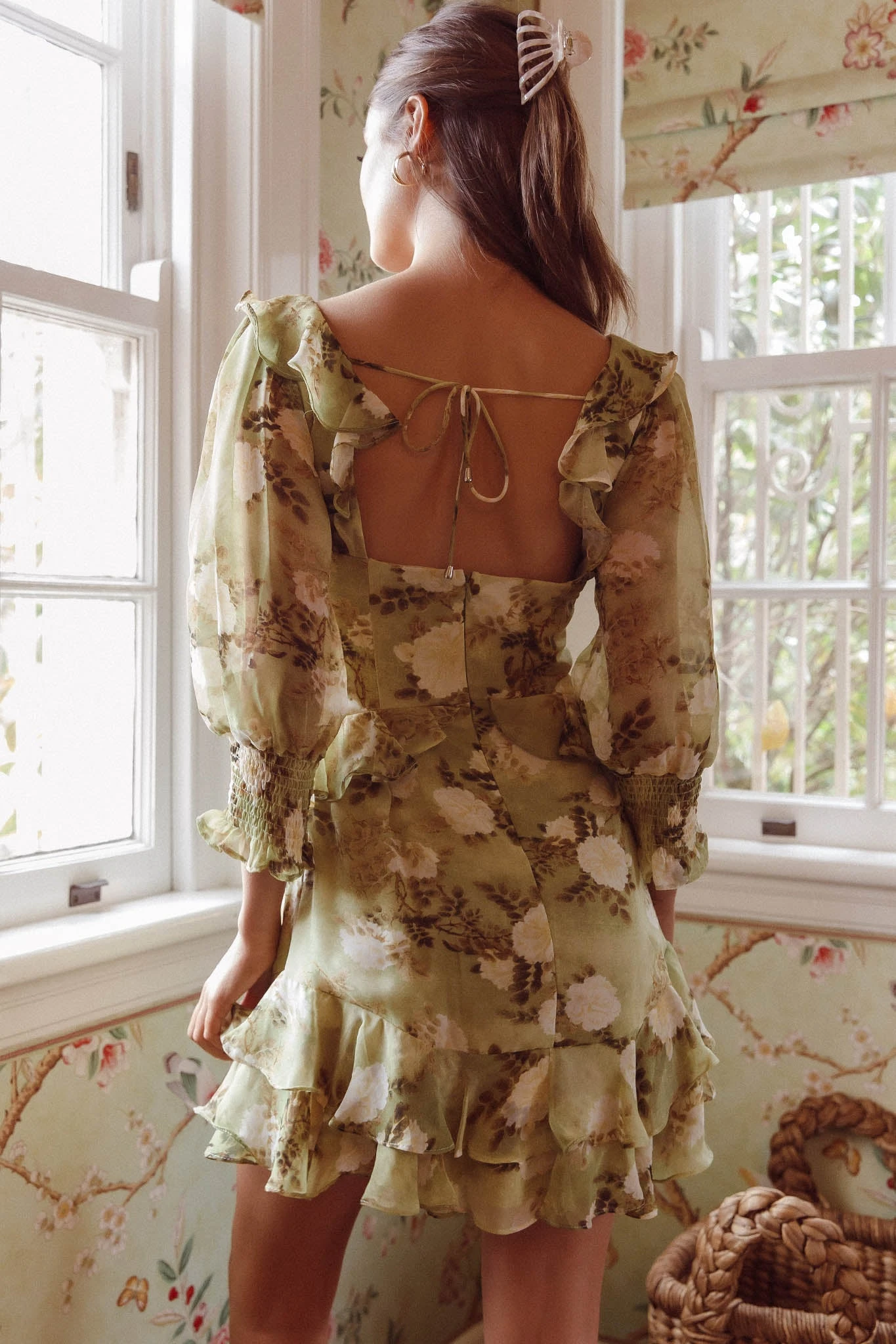 Desiree 3/4 Sleeve Sweetheart Neckline Frill Dress Floral Green 2 Desiree 3/4 Sleeve Sweetheart Neckline Frill Dress Floral Green - Image 2