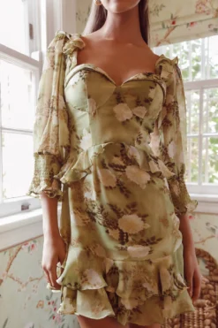 Desiree 3/4 Sleeve Sweetheart Neckline Frill Dress Floral Green 12 Desiree 3/4 Sleeve Sweetheart Neckline Frill Dress Floral Green -Cheap Dress Store ST2377B 20GREEN 4