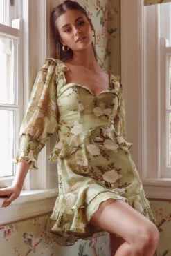 Desiree 3/4 Sleeve Sweetheart Neckline Frill Dress Floral Green 13 Desiree 3/4 Sleeve Sweetheart Neckline Frill Dress Floral Green -Cheap Dress Store ST2377B 20GREEN 5