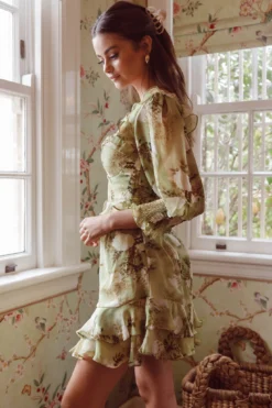 Desiree 3/4 Sleeve Sweetheart Neckline Frill Dress Floral Green 14 Desiree 3/4 Sleeve Sweetheart Neckline Frill Dress Floral Green -Cheap Dress Store ST2377B 20GREEN 6