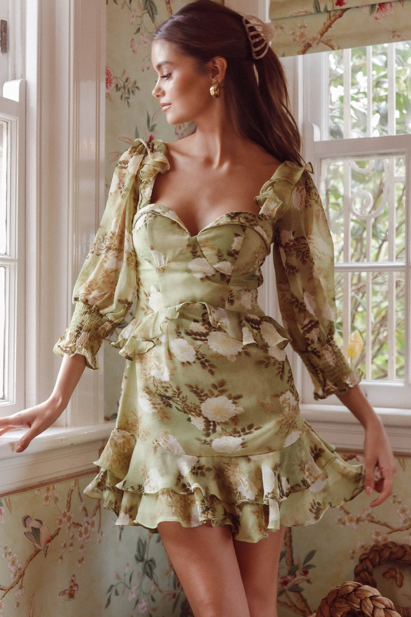 Desiree 3/4 Sleeve Sweetheart Neckline Frill Dress Floral Green 7 Desiree 3/4 Sleeve Sweetheart Neckline Frill Dress Floral Green - Image 7