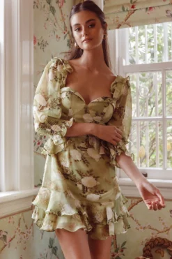 Desiree 3/4 Sleeve Sweetheart Neckline Frill Dress Floral Green 16 Desiree 3/4 Sleeve Sweetheart Neckline Frill Dress Floral Green -Cheap Dress Store ST2377B 20GREEN 8