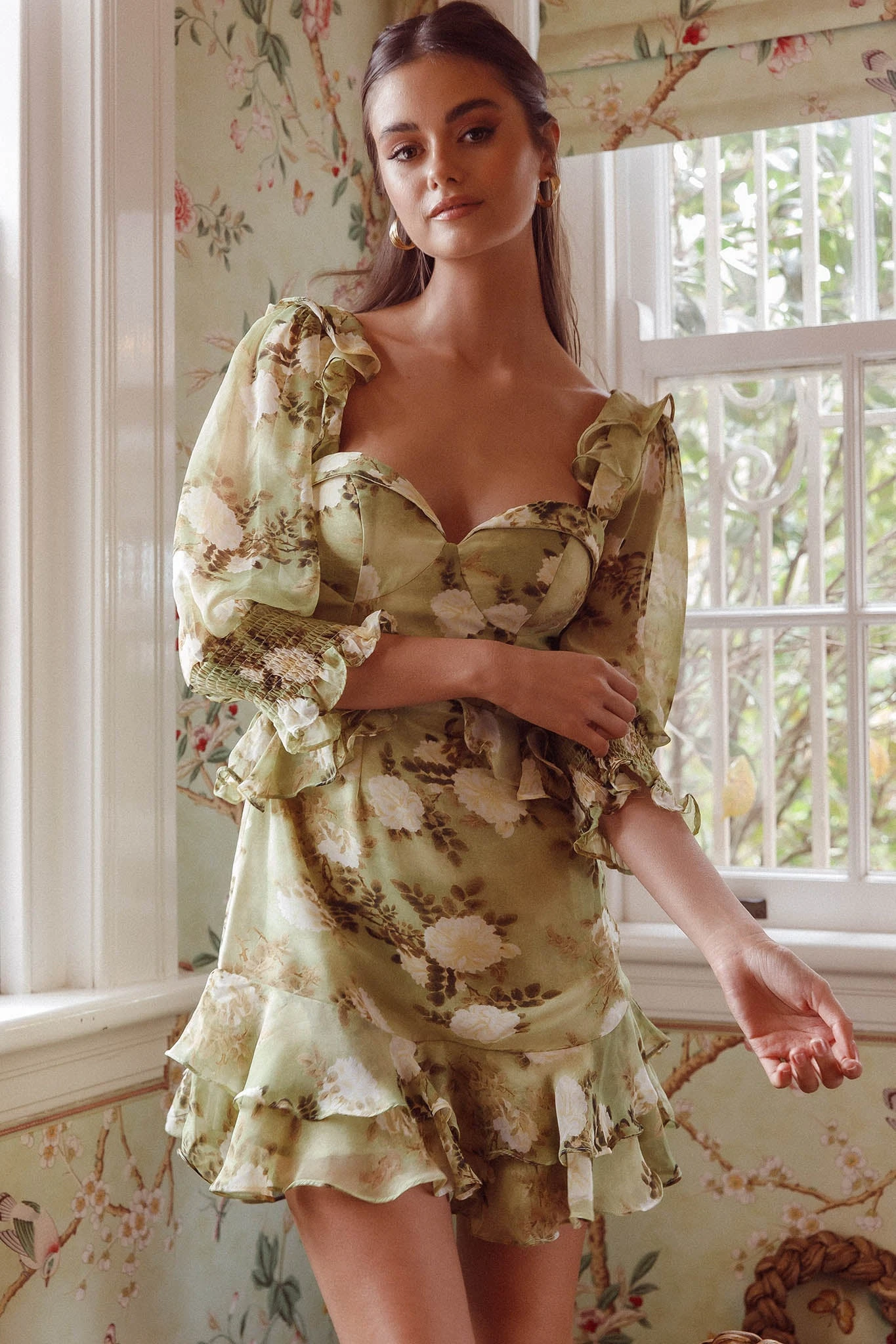 Desiree 3/4 Sleeve Sweetheart Neckline Frill Dress Floral Green 8 Desiree 3/4 Sleeve Sweetheart Neckline Frill Dress Floral Green - Image 8