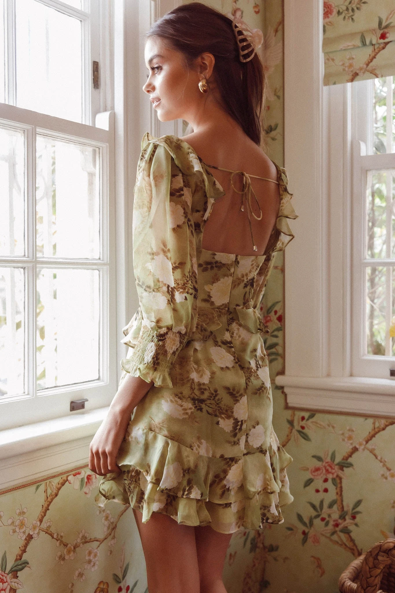 Desiree 3/4 Sleeve Sweetheart Neckline Frill Dress Floral Green 9 Desiree 3/4 Sleeve Sweetheart Neckline Frill Dress Floral Green - Image 9