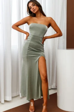Theresa Strapless Thigh Split Maxi Dress Olive -Cheap Dress Store ST2972D OLIVE 2