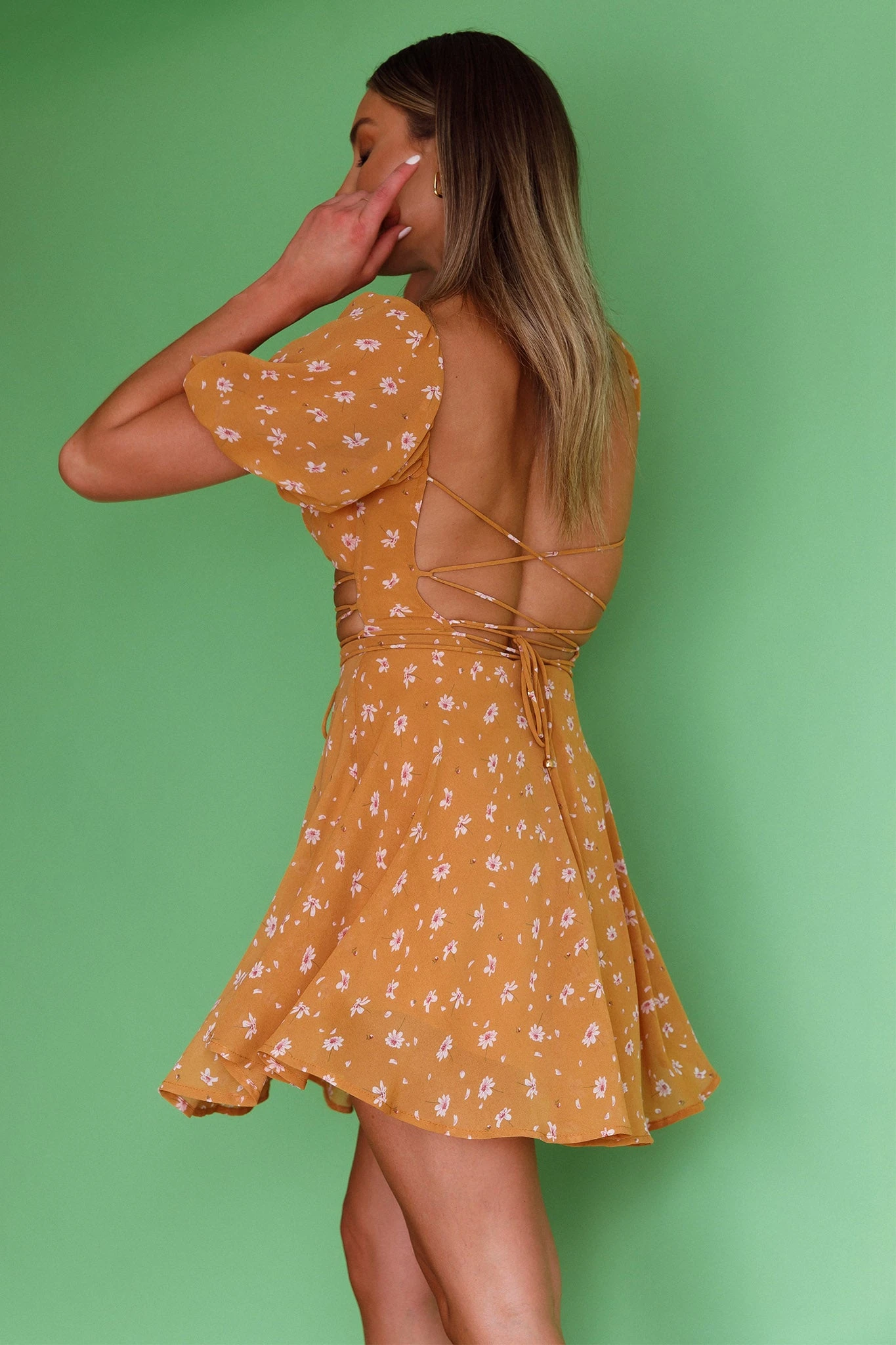 Full Hearts Lace-Up Waist Dress Floral Orange 2 Full Hearts Lace-Up Waist Dress Floral Orange - Image 2