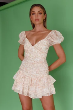 Annabella Puff Sleeve Tied Back Frill Hem Dress Floral Print Orange -Cheap Dress Store ST3152D 20ORANGE 6