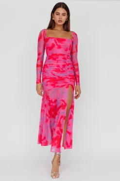 Apryl Long Sleeve Lace-Up Back Maxi Dress Pink -Cheap Dress Store ST3879D 20PINK 5