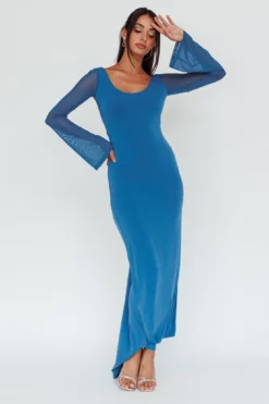 Crystal Ball Open Back Ruched Maxi Dress Blue