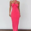 Trinny One-Shoulder Ruched Back Midi Dress Hot Pink