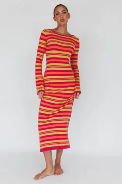 Jozie Long Sleeve Maxi Dress Stripe Orange -Cheap Dress Store ST3923H 20ORANGE 2